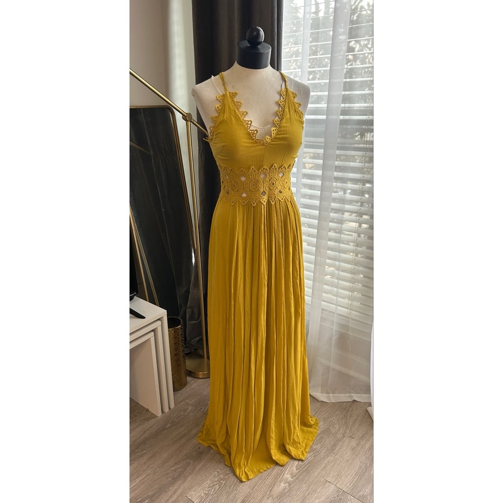 Lulus Size Small This is Love Mustard Yellow Lace Maxi Long Dress Gown Wedding - Picture 7 of 10